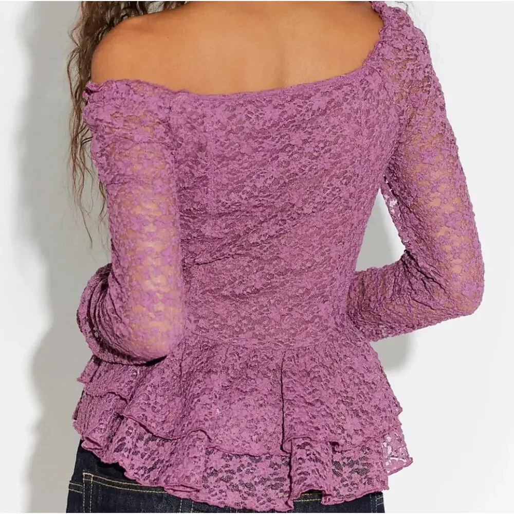 NWT Free People Stella Long Sleeve Top Womens S Tulipwood Purple Lace Ruffle